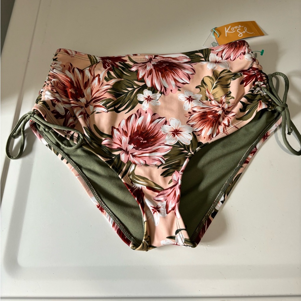 Green and pink floral pattern high waisted bikini bottoms